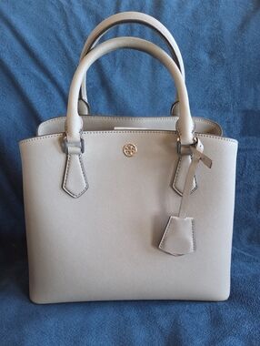 Tory Burch Cream Saffiano Leather Satchel with Gold Logo